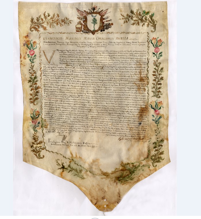 Napoli 13 settembre 1783: Francesco Caracciolo Arcella, Gran Cancelliere del regno, concede a Melchiorre Delfico il dottorato di diritto canonico e civile rilasciato da Angelo Cavalcanti, con il conferimento degli ornamenti e delle insegne di dottorato in "utroque iure".